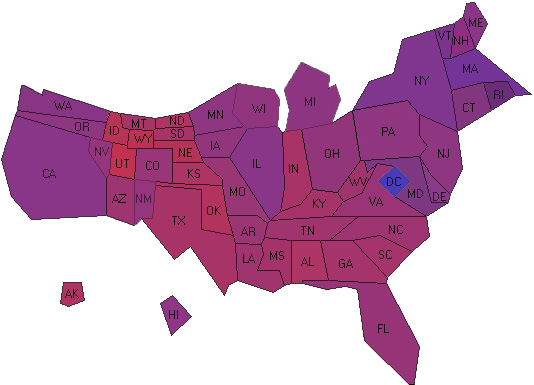 Map of the US, proportional to population showing percentage of the 2004 presidential vote